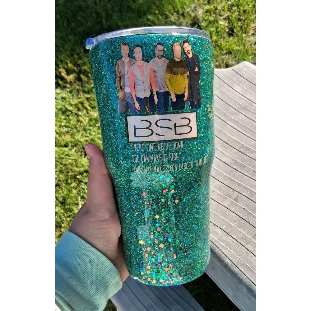 Backstreet Boys BSB OOAK Tumbler Drink‎ Cup Teal Sparkle Glitter